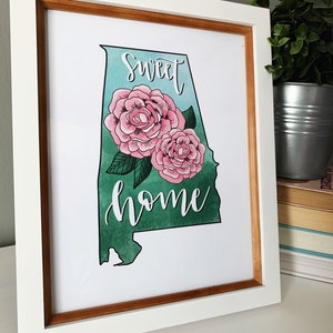 Sweet Home Alabama Art Print, Physical Art Print, Alabama State Flower 8x10, Hand-Drawn Alabama Camellia Art Print