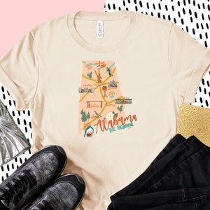 T-shirt unisexe à manches courtes de l’Alabama, lieux célèbres de l’Alabama, chemise historique de l’Alabama, carte de l’Alabama dessinée à la main, tee-shirt graphique de l’Alabama
