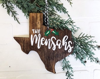 Texas State Ornament, Personalized Last Name Ornament, Home State Ornament, Wood State Ornament, hand-lettered