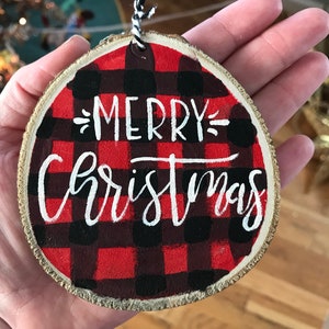 Buffalo Plaid Wood Slice Ornament Hand Lettered Ornament Red - Etsy