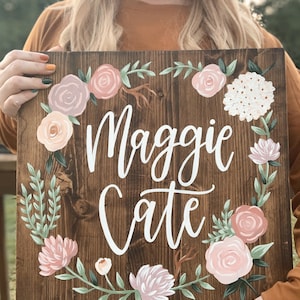 Custom Painted Baby Name Sign, Baby Girl Nursery Decor, Gallery Wall Sign, Hand Painted Floral Sign, Large Wood Name Sign, hand Lettered