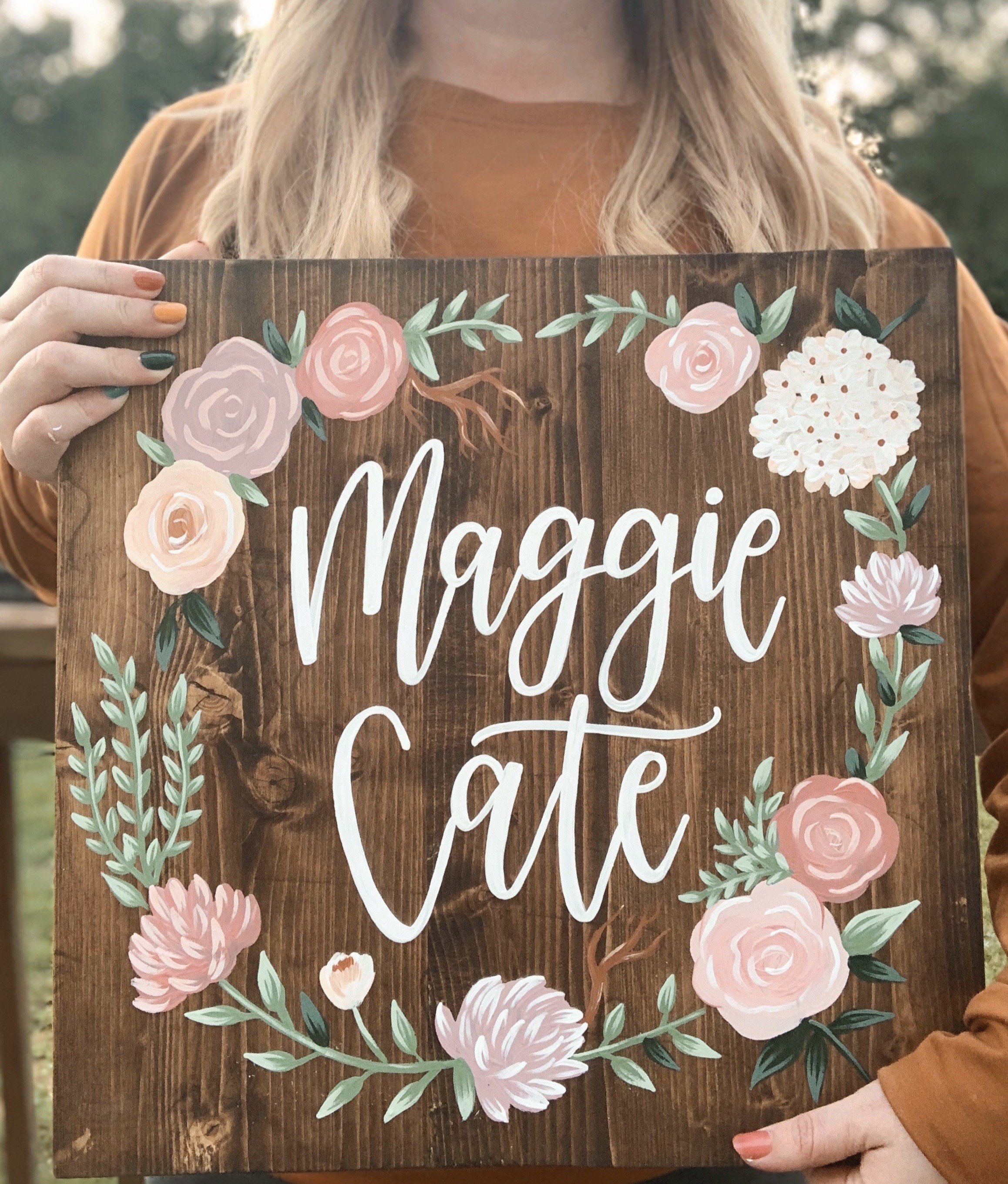 Custom Painted Baby Name Sign, Baby Girl Nursery Decor, Gallery Wall Sign, Hand Painted Floral Sign, Large Wood Name Sign, hand Lettered