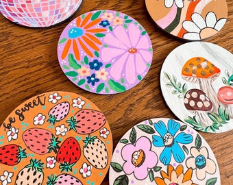 Retro Style Round Magnets, Hand Painted Wooden Magnets, Groovy Kitchen Magnets, Disco Ball, Merry Mushroom Painted Magnet
