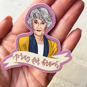 May include: A pink and white sticker with a cartoon illustration of a woman with gray hair. The woman is wearing a yellow jacket and a blue scarf. The sticker has the text "pray for brains" on a white banner.