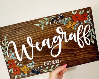 Hand Painted Wood Sign, Custom Last Name Sign, Wedding Decor, Gallery Wall Sign, Hand Painted Floral Sign, Anniversary Gift, Last Name Sign