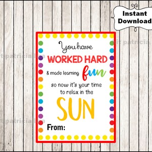 Printable worked hard and made learning fun gift tags, summer sun, end of year tag, Teacher tags, Thank you instant download