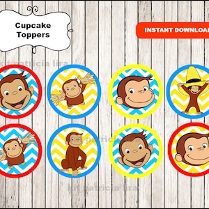 Curious George party toppers labels instant download , Curious George cupcakes toppers labels, Printable Curious George toppers