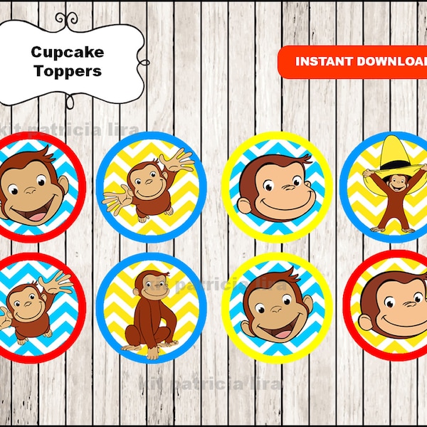 Curious George party toppers labels instant download , Curious George cupcakes toppers labels, Printable Curious George toppers