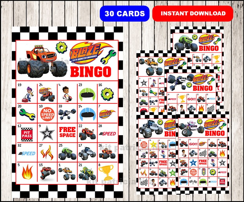 Blaze And The Monster Machines Bingo Game Printable 30 Different Cards Party Game Printable Half Page Size Instant Download - 