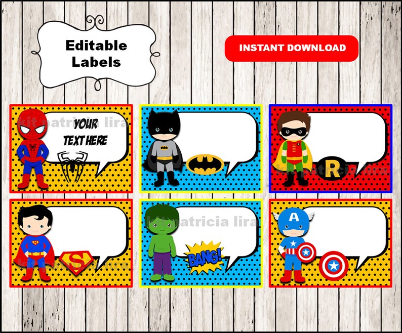 Superhero Printable Cards tags book labels stickers kids Etsy