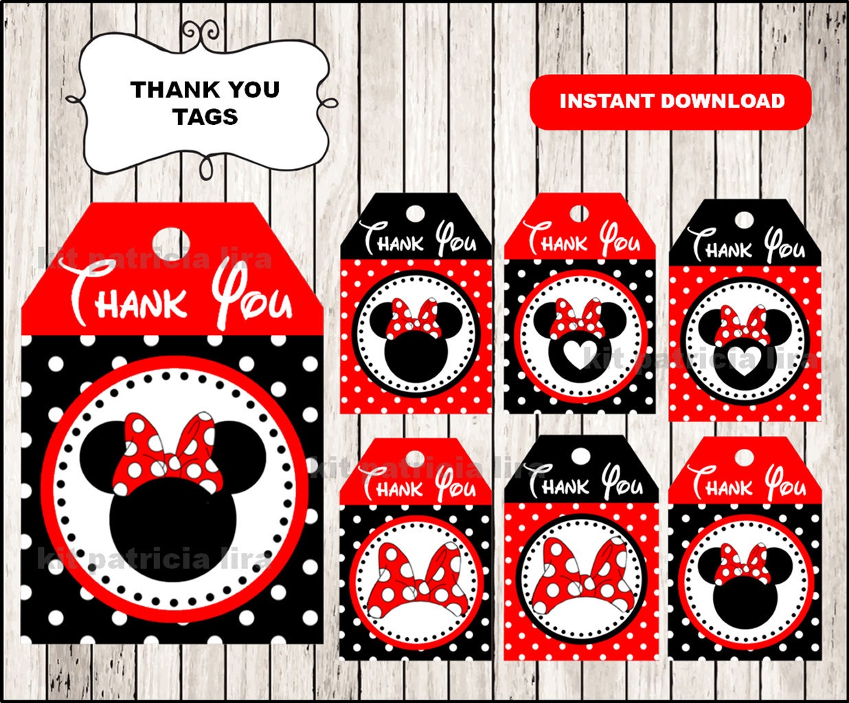 Minnie Mouse Thank you Tags instant download , Minnie Mouse party Thank you Tags, Printable Minnie Mouse tags