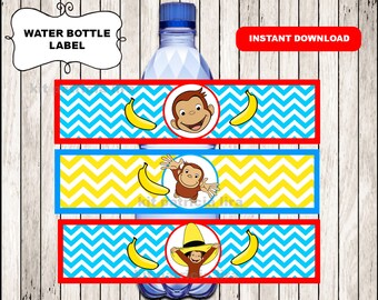 Curious George party water labels instant download , Curious George water  bottle labels, Printable Curious George party bottle labels