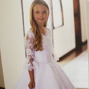 First Communion Dress: Long Sleeve Lace Dress, Primera Comunion Vestido Fornida, Holy Communion Dress, White Dress, Mesh Lace Top