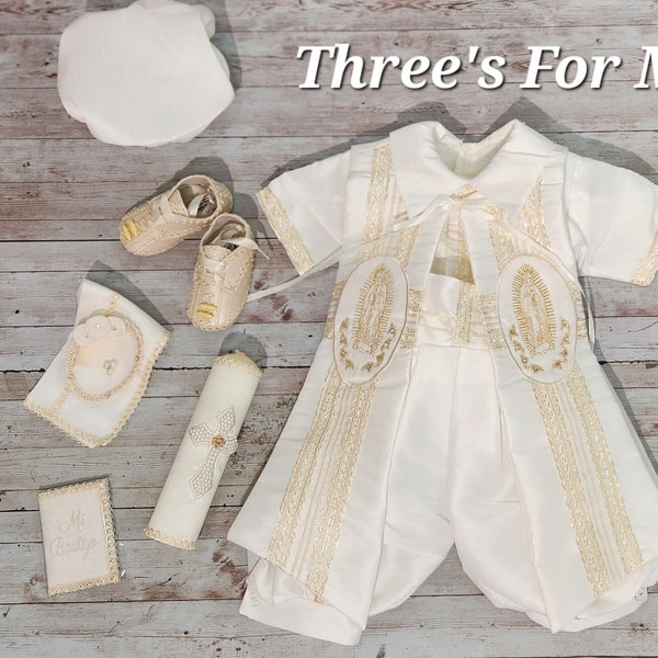 Boy Baptism Christening Outfit: Romper Gown Ropon, White or Ivory Boy Gown, Vintage Outfit, Niño Bautizo, Baptism Candle, Shoes