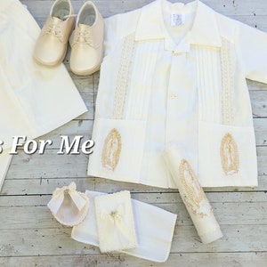 Virgen Mary 3pcs Ivory and White Guayabera outfit: Mexican Boy Guayabera set for baptism