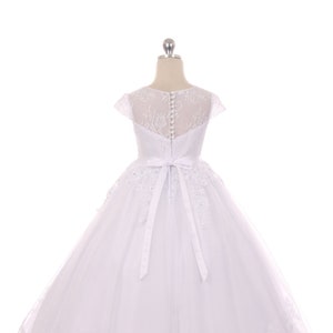 First Communion Dress: Long Lace Dress, Primera Comunion Vestido, Holy Communion Dress, White Dress, Mesh Lace Top