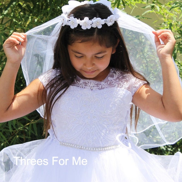 First Communion Dress: Long Lace Dress, Primera Comunion Vestido, Holy Communion Dress, White Dress, Mesh Lace Top