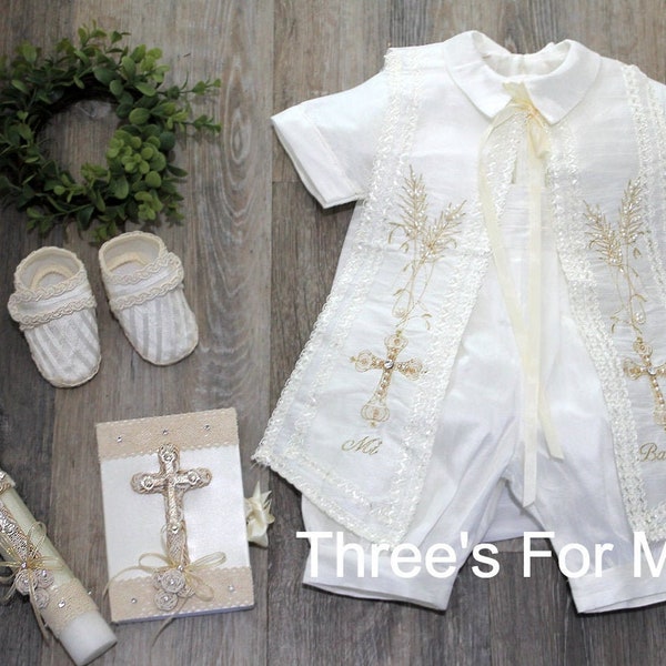 Boy Baptism Christening Outfit: Romper Gown Ropon, White or Ivory Boy Gown, Vintage Outfit, Niño Bautizo, Baptism Candle, Shoes