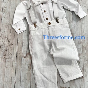 4pcs boy linen outfit: suspender and pants white set for baptism