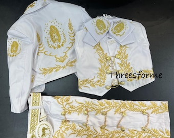 Traje de charro de la Virgen María + Cinturón + Sombrero blanco con detalles plateados. Traje de charro para niño. Traje de charro para bautizo.