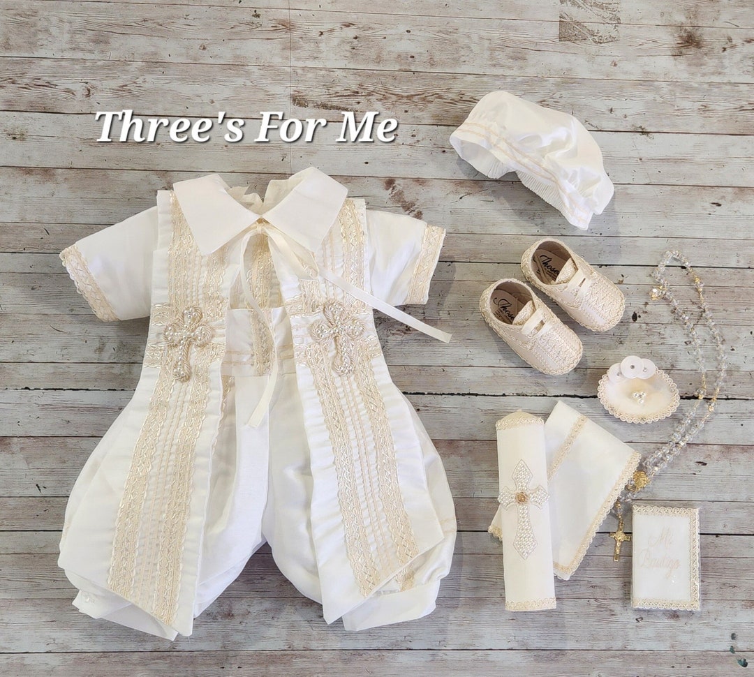 Boy Baptism Christening Outfit Romper Gown Ropon, White or Ivory Boy