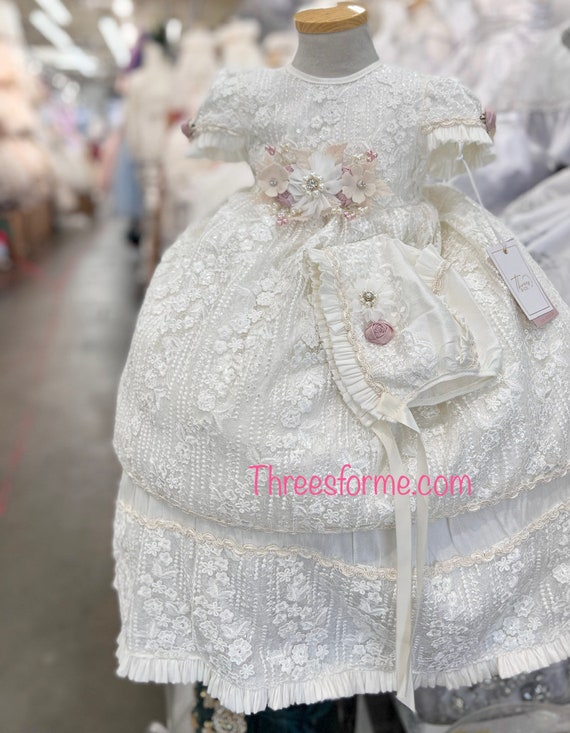 White Lace Christening Set with Crystal Bows