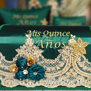 Green Quinceanera, sweet 16, Bible, Pillow, cojin, pillow, money box, photo album, album de foto, almuada de quince verde Esmeralda image 2