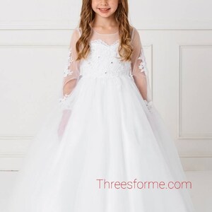 Flower girl Lace  long sleeve dress with detachable tull train