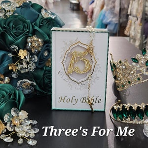 Quince Esmeralda, Green Gold, 15, Quinceanera, Crown Bouquete, Bible, Rosary