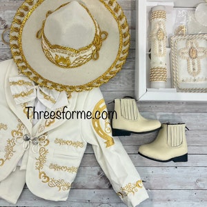 Paquete de Bautismo: Traje de Charro Estilo Caballo Beige con detalle dorado Traje de Charro para Niño Traje de charro Traje de Charro para Bautismo