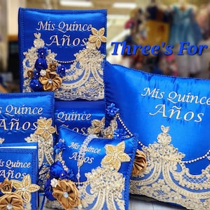 Quinceanera, sweet 16, Bible, royal blue, cojin, pillow, money box, photo album, album de foto, almuada