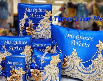 Quinceanera, sweet 16, Bible, royal blue, cojin, pillow, money box, photo album, album de foto, almuada