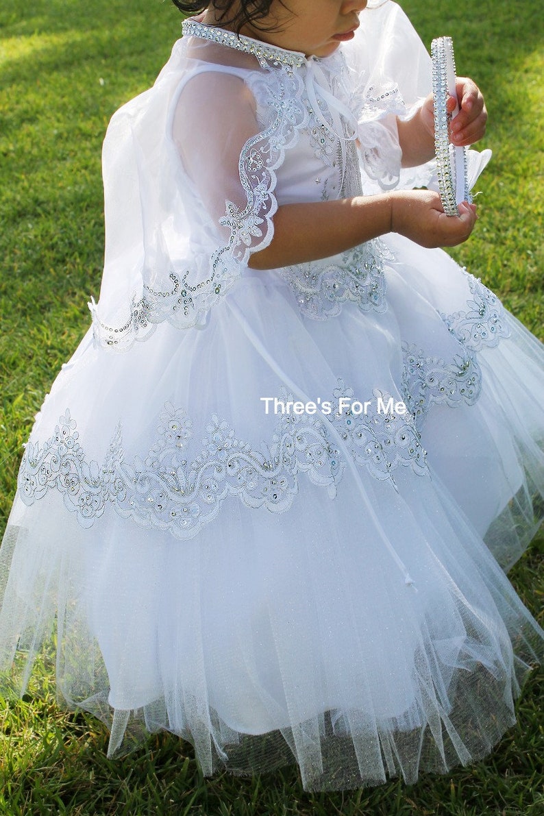 Cap Sleeve 'Hail Mary' Embroidered Baptism Gown w/ Organza Cape main image 0