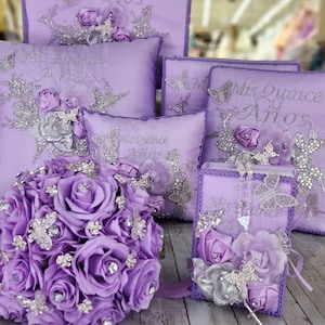 Butterfly lilac lavender, light purple Quinceanera, sweet 16, Bible, Pillow, money box, album  foto, almuada  quince Azul cielo Mariposa