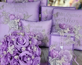 Butterfly lilac lavender, light purple Quinceanera, sweet 16, Bible, Pillow, money box, album  foto, almuada  quince Azul cielo Mariposa