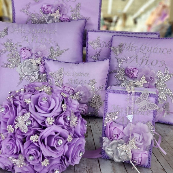 Butterfly lilac lavender, light purple Quinceanera, sweet 16, Bible, Pillow, money box, album  foto, almuada  quince Azul cielo Mariposa