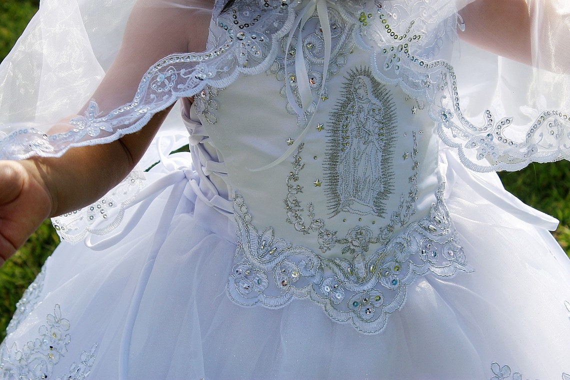 Cap Sleeve 'Hail Mary' Embroidered Baptism Gown w/ Organza Cape
