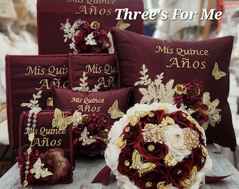 Burgandy and Gold Butterfly Quinceanera, sweet 16, Bible, Pillow, money box, album  foto, almuada  quince Azul cielo Mariposa