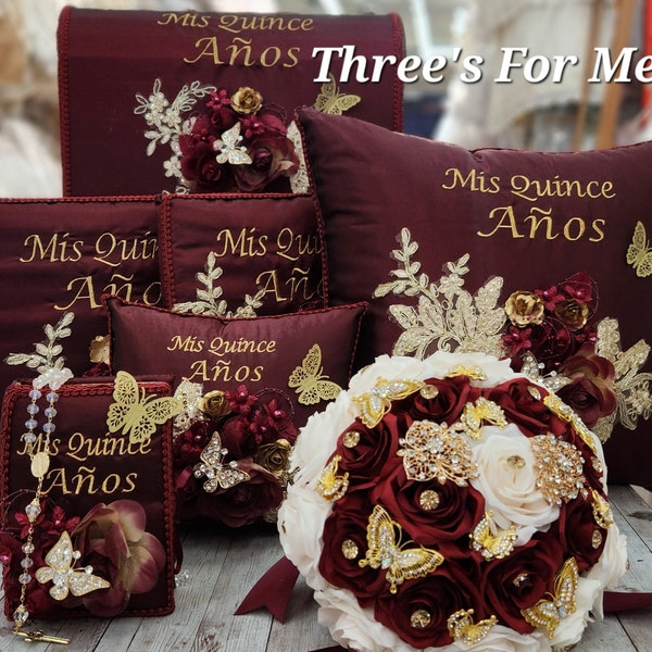 Burgandy and Gold Butterfly Quinceanera, sweet 16, Bible, Pillow, money box, album  foto, almuada  quince Azul cielo Mariposa