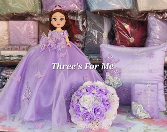 Butterfly lilac lavender, light purple Quinceanera, sweet 16, Bible, Pillow, money box album  foto almuada  quince Lila Mariposa Muneca