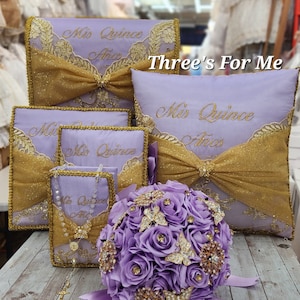 Lavender and Gold Quinceanera, sweet 16, Bible, Pillow, cojin, pillow, money box, photo album, album de foto, almuada de quince