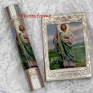 Juego de velas de bautismo -Vela de bautismo de San Judas- 5 piezas, vela de San Judas marfil - Vela de Bautizo para niño