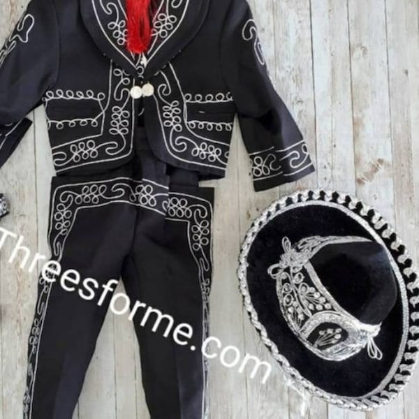 Men’s Black Embroidered Mariachi 3-Piece Suit – Gold Detailing Charro Wedding & Performance Outfit