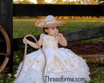 Vestido de charra blanco con Dorado Blanco con plateado vestido de niña de charra