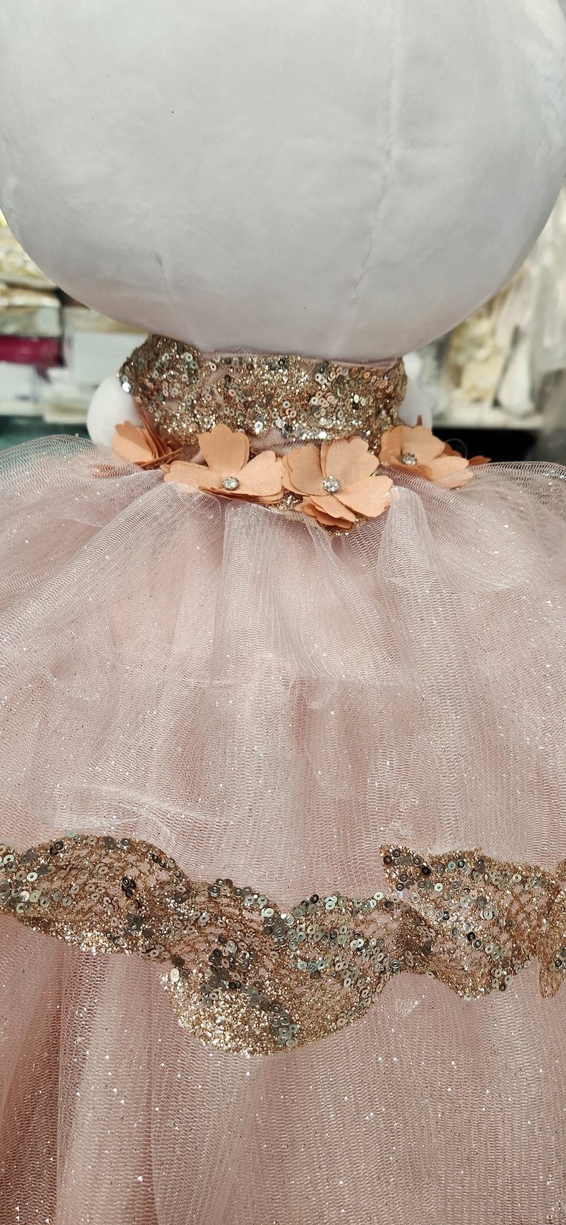 May include: A pink tulle skirt with a gold sequin waistband and a row of peach-colored fabric flowers with rhinestones.
