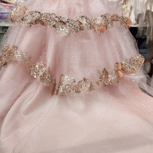 May include: A pink tulle dress with gold glitter and floral embellishments. The dress is layered and has a white plush cat head on top.