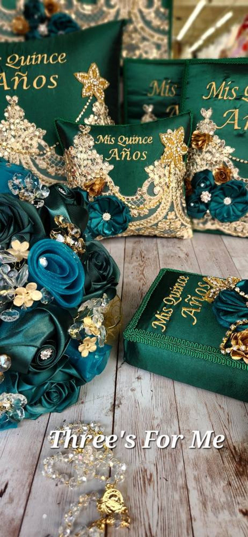 Green Quinceanera, sweet 16, Bible, Pillow, cojin, pillow, money box, photo album, album de foto, almuada de quince verde Esmeralda image 6