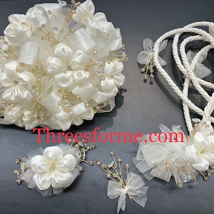 4pcs Ramo para novia con lazo -wedding bouquet -juego de ramo con lazo Ramo de boda migajón white with gold ramo en color ivory con dorado