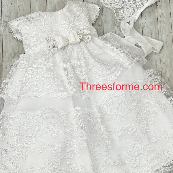 3pcs lace gown!! White or ivory Christening Lace Gown Baptism Lace Gown with shoes-Ropon de Bautizo con Zapatos vestido de Niña para bautizo