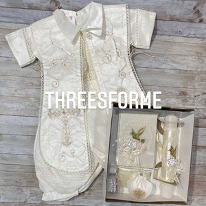 Boy Baptism Christening Outfit: Romper Gown Ropon, White or Ivory Boy Gown, Vintage Outfit, Niño Bautizo, Baptism Candle, Shoes